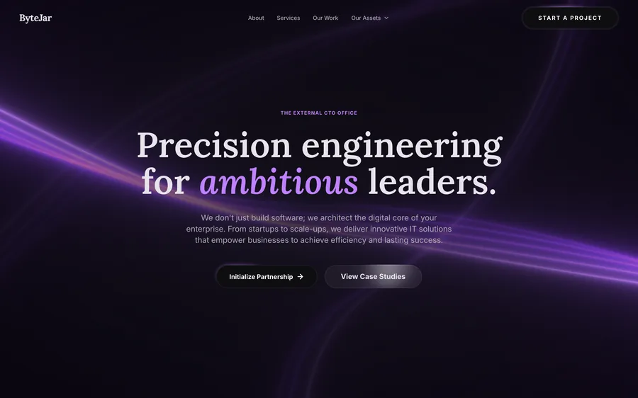 The ByteJar site: a dark page headed "Precision engineering for ambitious leaders", over streaks of violet light.