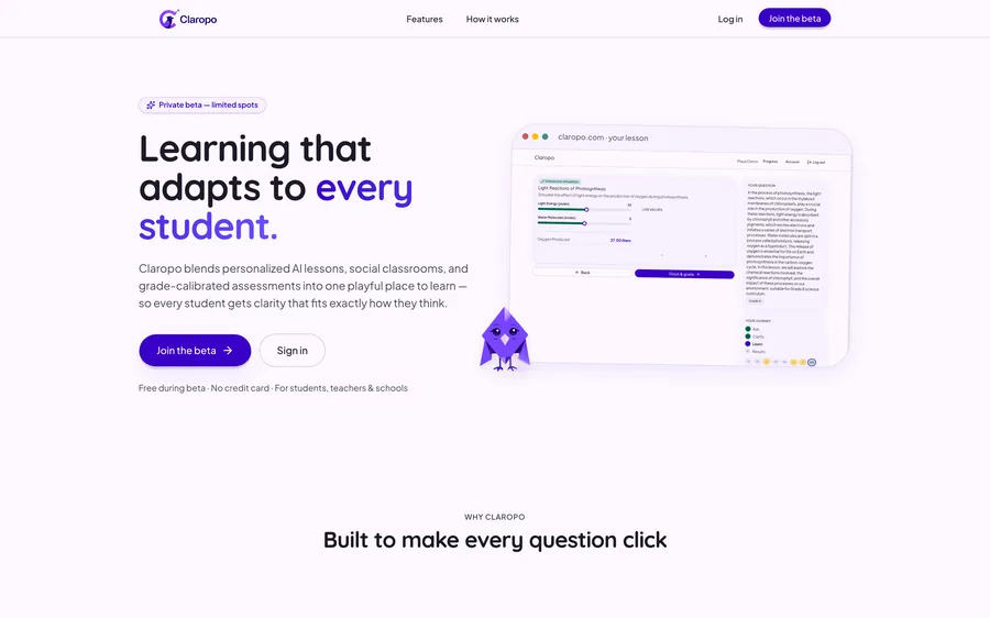 The Claropo site, headed "Learning that adapts to every student", beside a screenshot of a lesson with an interactive photosynthesis simulation.